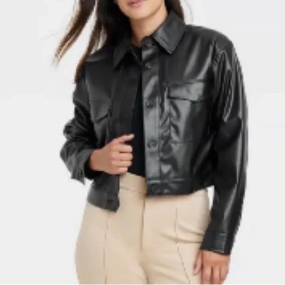 a new day Black Faux Leather Cropped Cargo Jacket - Picture 1 of 10